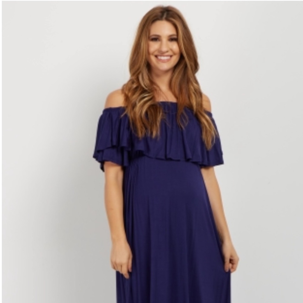 PinkBlush Navy Off Shoulder ruffle maxi. Size S.